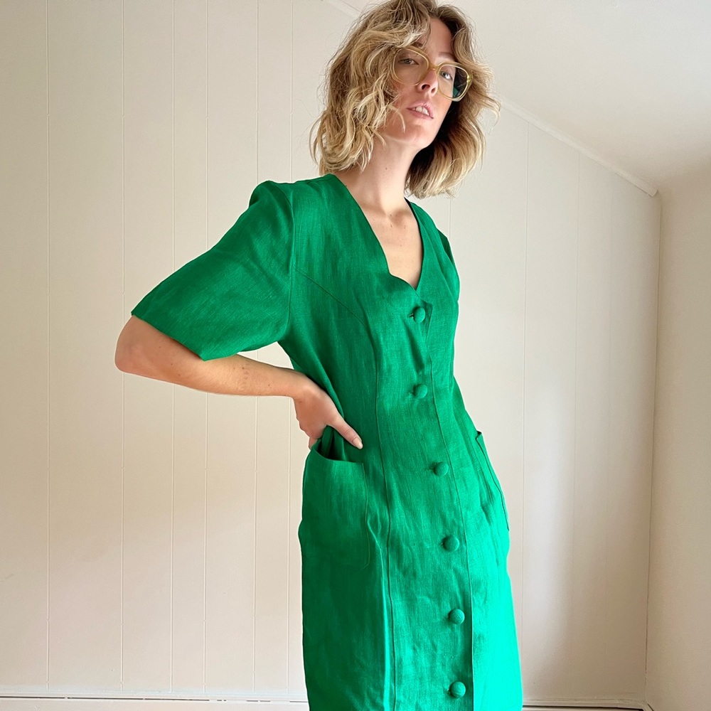 80s Bona Park Bright Green Button Down Linen Midi Dress